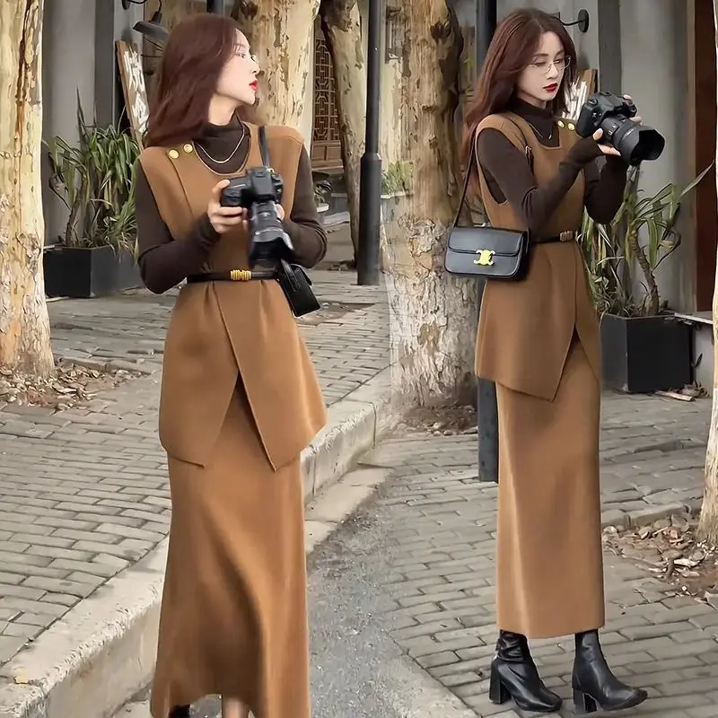 New High Quality Fashion Three Piece Set Women Autumn Winter Slim Sleeveless Vest + Bottoming Long Sleeve Top + Slim Skirt Suit