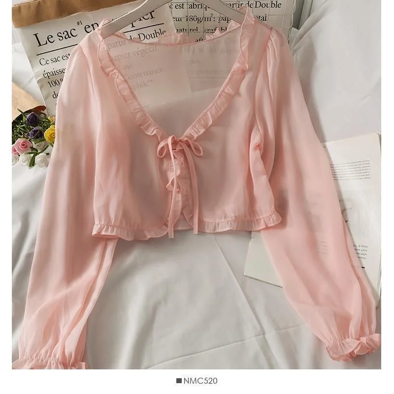 الصيف تكدرت شال بلون الشيفون المرأة طويلة الأكمام رقيقة Y2K معطف كيب بوليرو ملابس الصيف عباءة تتغاضى عن عطلة #6