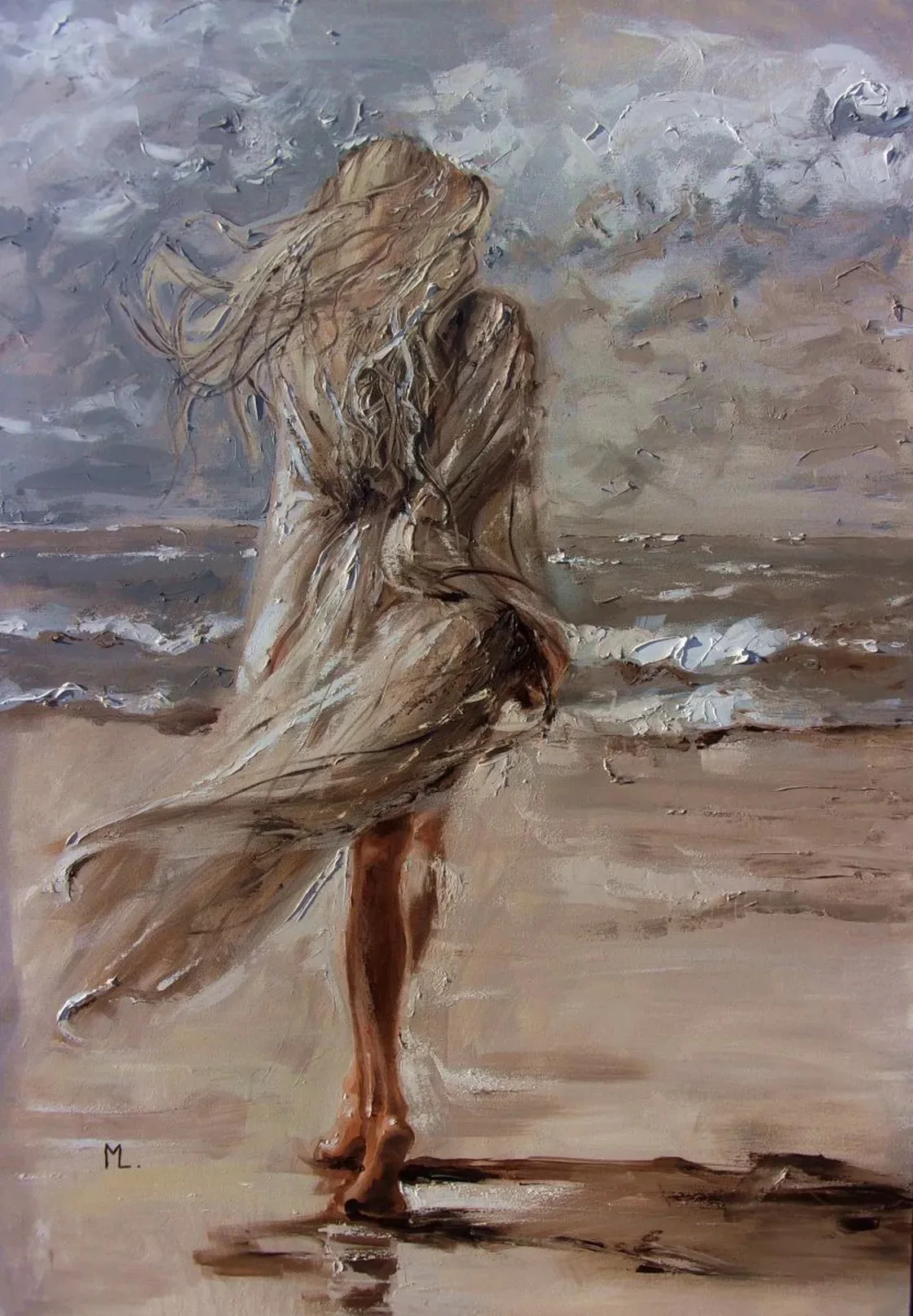 Monika Luniak Hand Painted SEA Oil Painting Palette Knife Figure Women Beach Oil Painting On Canvas Abstract Boho Portrait Room