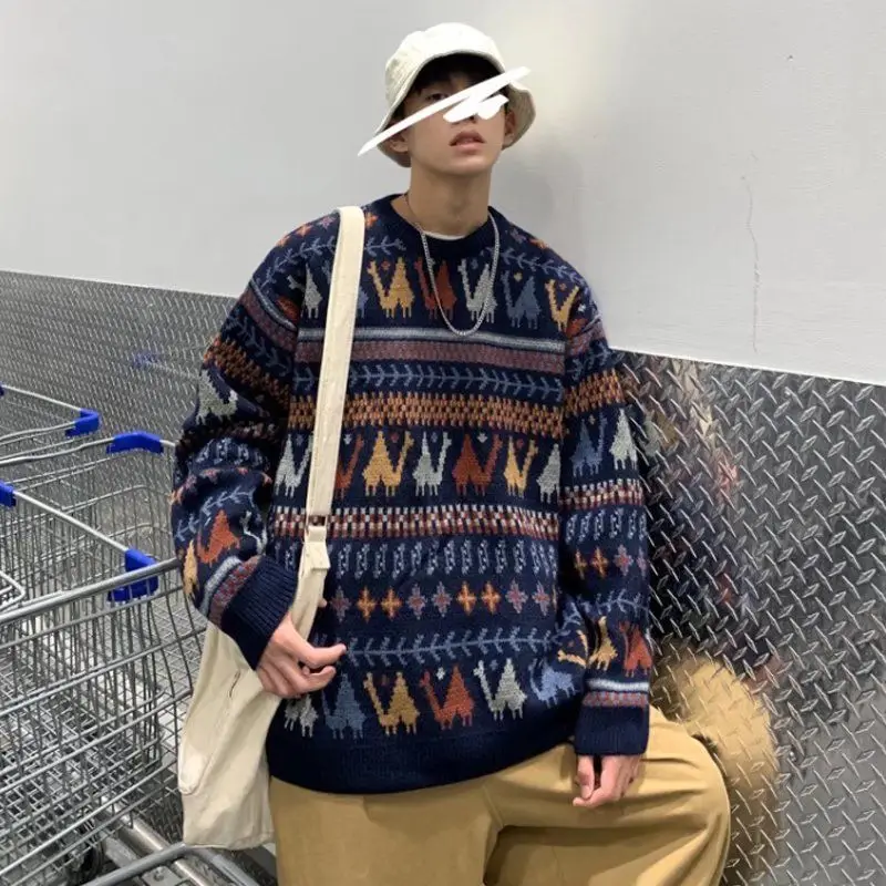 

American autumn and winter men and women trendy personalized pattern round neck pullover sweater for couples loose retro knitted