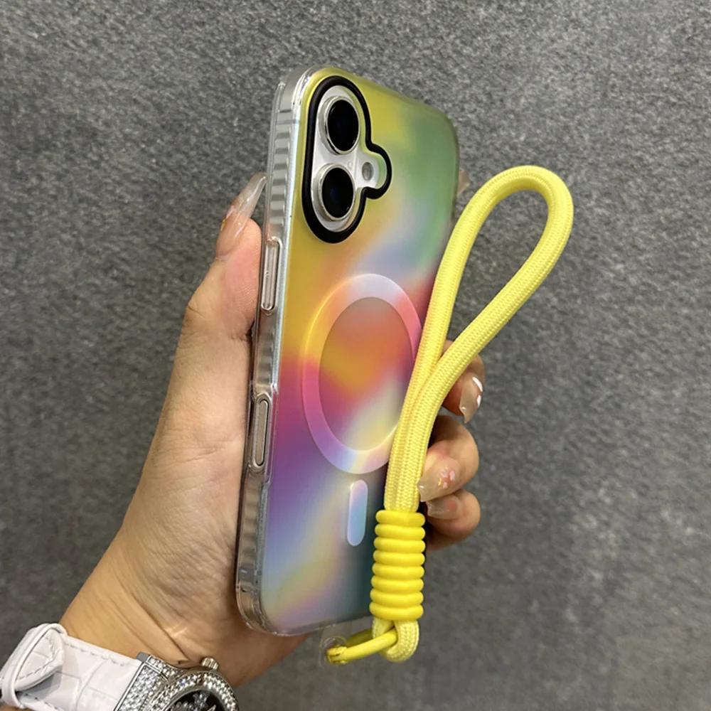 مع الحبل الليزر المبهر ل Magsafe جراب هاتف آيفون 15 16 زائد 12 13 14 برو ماكس 11 التدرج متجمد الغطاء الواقي