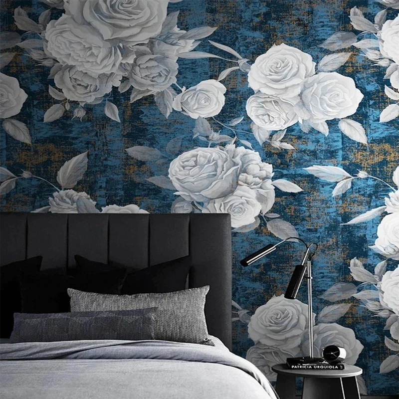 Custom Size 3D Photo Retro Style Rose Flowers Blue Wallpaper for Bedroom Living Room TV Background Wall Decor Non-woven Mural