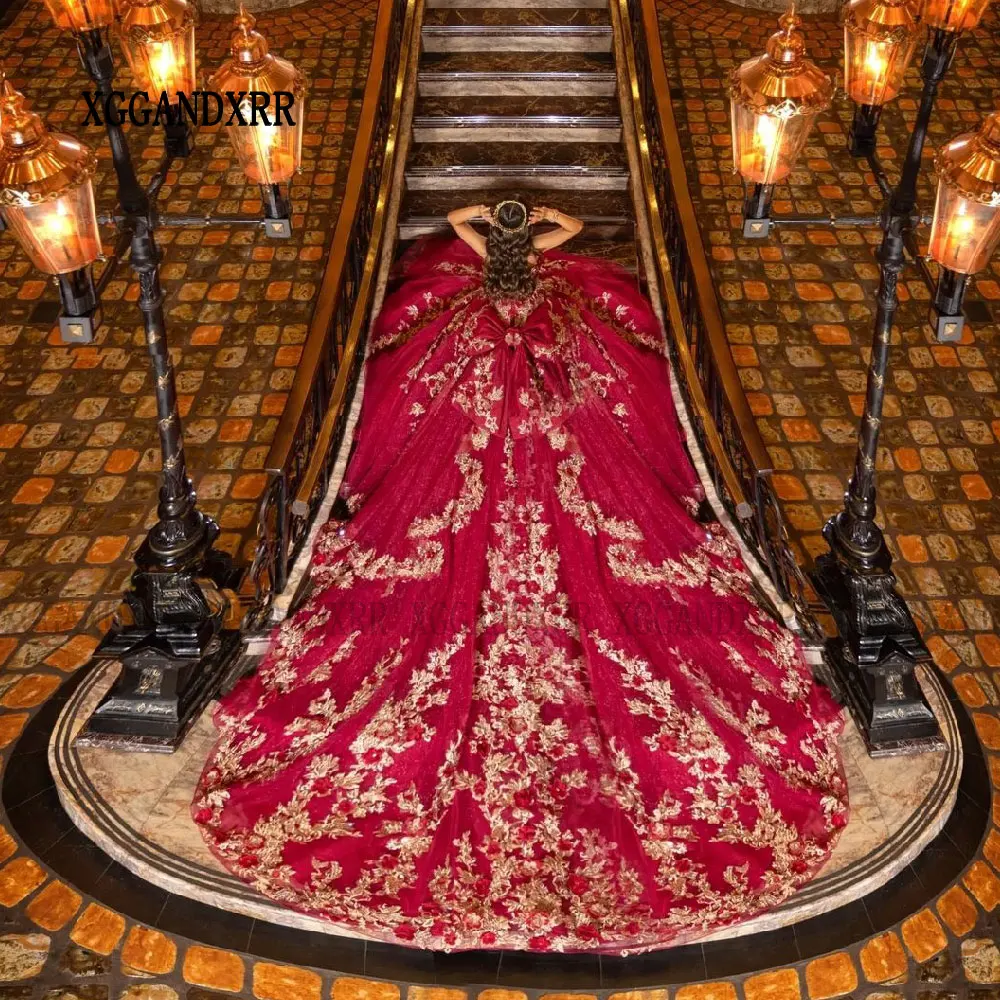 

Long Train Rose Red Quinceanera Dresses Birthday Party Princess Sweet 16 Gown With Appliques Sequins Pageant Vestidos De 15 Años