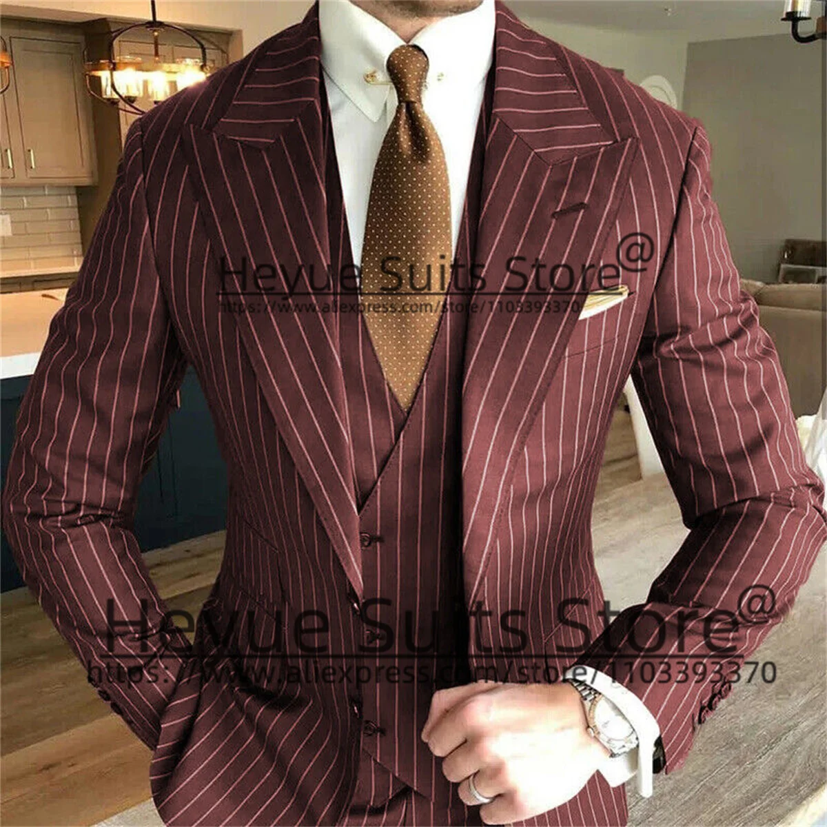 Black Business Stripe Formal Suits For Men Slim Fit Peak Lapel Groom Wedding Tuxedos 3 Pieces Sets Trajes Elegante Para Hombres