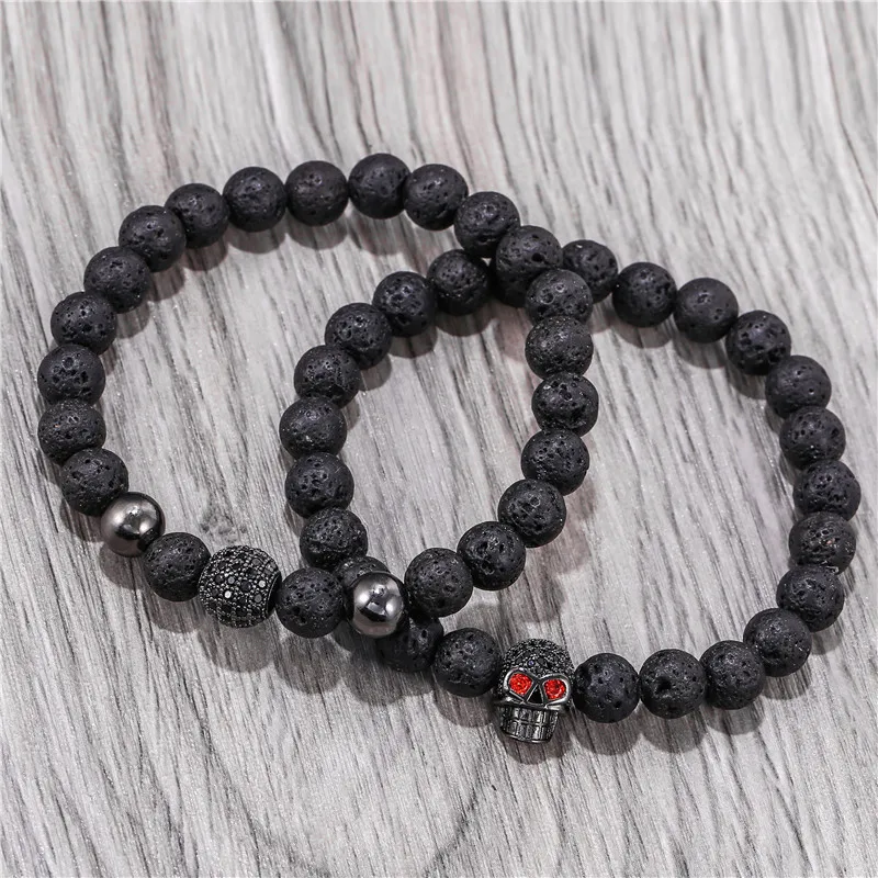 2 Pçs/set Preto Crânio Contas de Pedra De Lava Pulseira Pulseiras do Sexo Masculino Homens Liga Beads Charme Pulseiras Mulheres Homens Estilo Punk Bangle