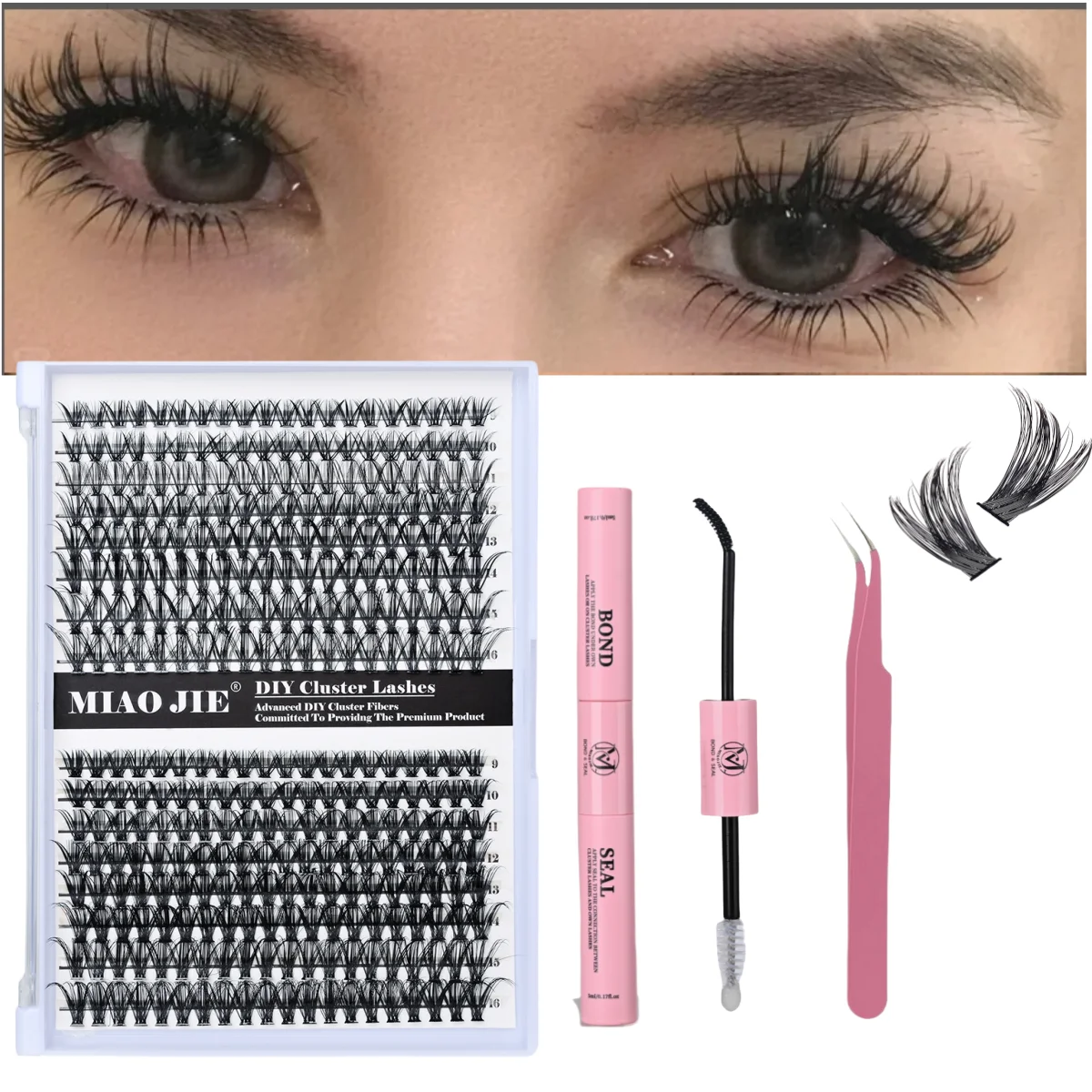 MIAOJIE DIY Eyelash Set 280pcs Individual Lashes Cluster D Curl, 9-16mm Mix Lash Clusters with Lash Bond，Seal and Lash Applicato