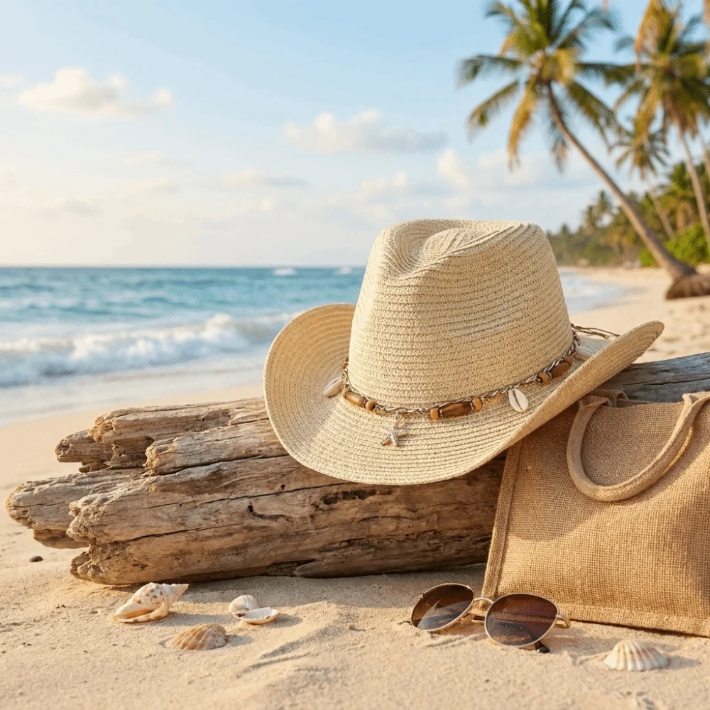 Western Style Acrylic Fibers Straw Cowboy Hat UV Protection Conch Shell Sun Hat Beaded Band Foldable Floppy Hat Summer