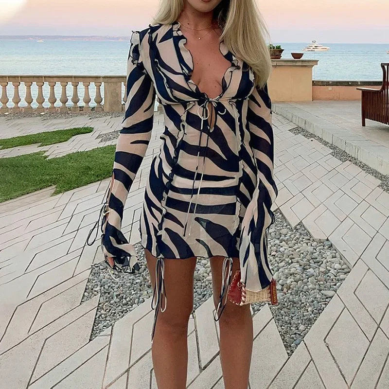 

2025 New Print Long Sleeve Mini Summer Beach Dress Ruffles Mesh Sexy Party Dresses Bodycon Bandage See Through 90s Club