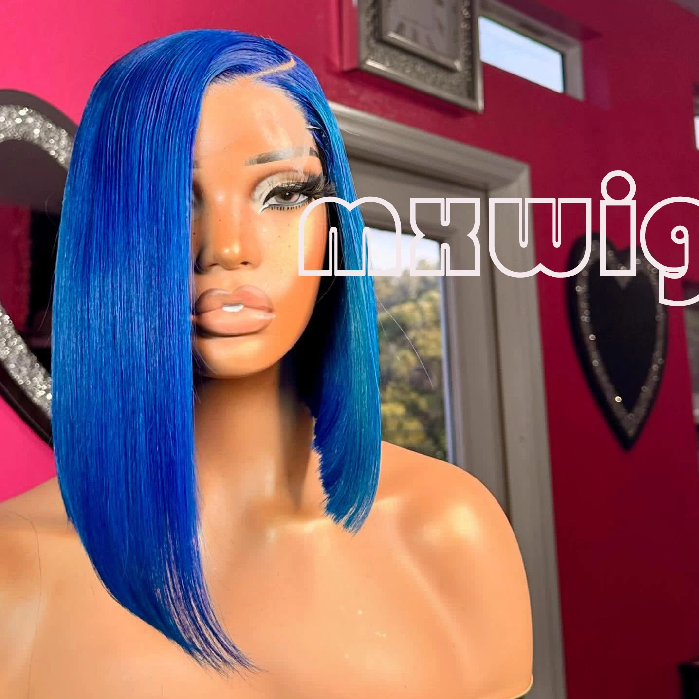 MXWIG Synthetic Hair Blue Short Straight Glueless 13X4 Lace Front Wig For Black Women Preplucked  Daily Fiber Cosplay