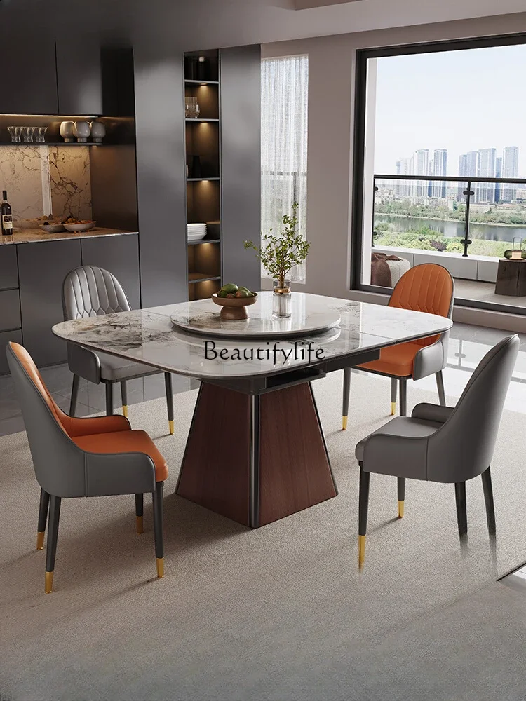 Telescopic square rock slab dining table Small apartment dining table with turntable integrated