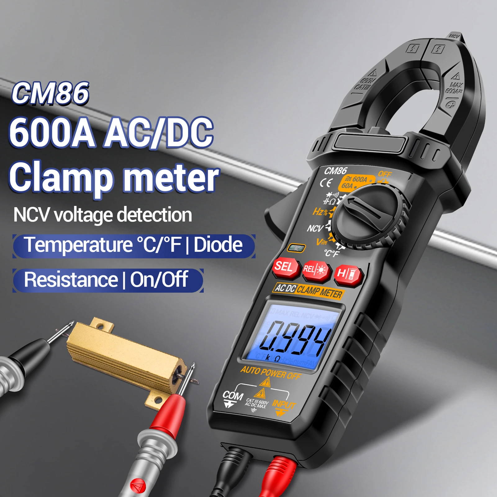 

Digital Clamp Meter 600A AC/DC Current Voltage Tester True RMS Multimeter with NCV Temperature Diode and Resistance Measurement