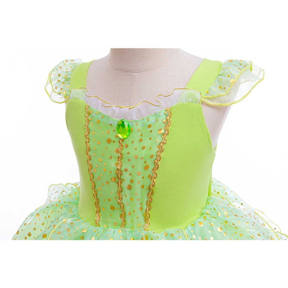 Halloween Tinker Bell Costume Girls Green Elf Fairy Dress Kids Sequin Green Mesh Puffy Ball Gown Children Dance Clothes