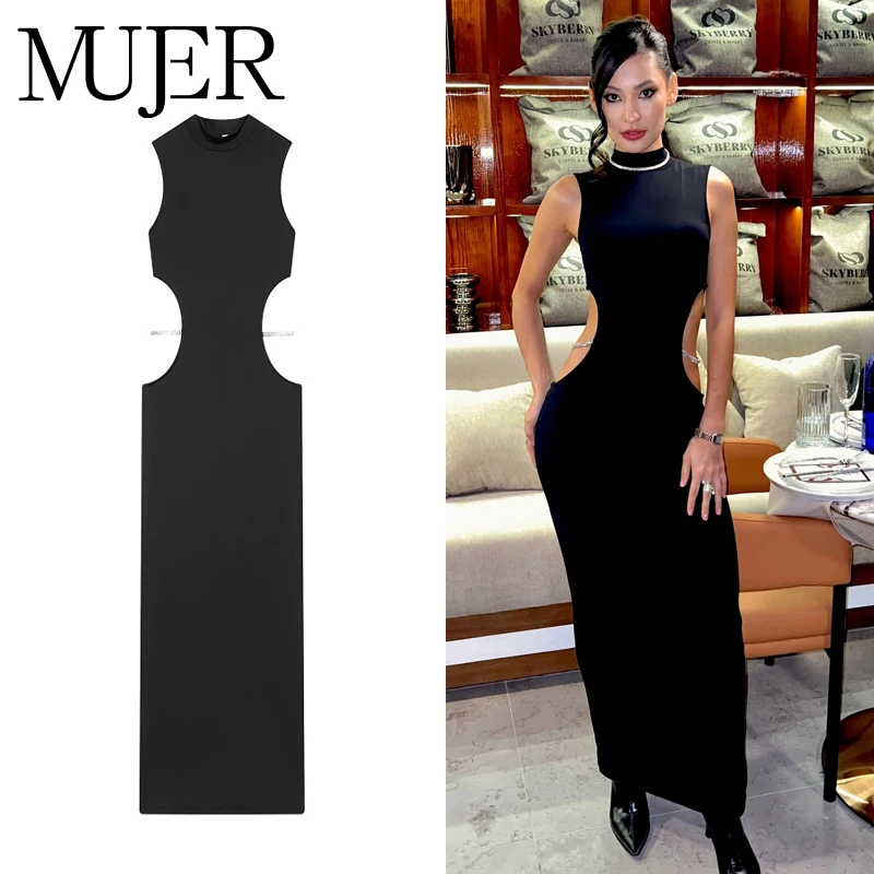 MUJER Abiti lunghi ritagliati da donna Abito lungo senza maniche nero Donna Abiti da festa aderenti sexy da donna Abito da notte alla moda