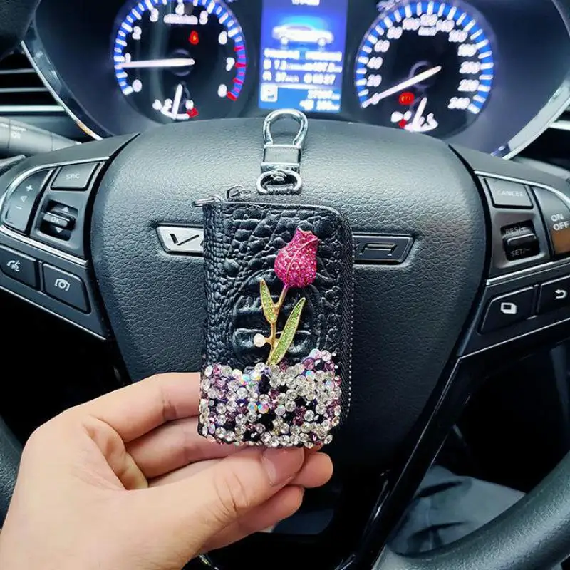Luxury Flower Car Key Holder Storage Case Crystal Diamond Keychains Pochette Key Cover Remote Key Bag Wallet Funda Para Llave