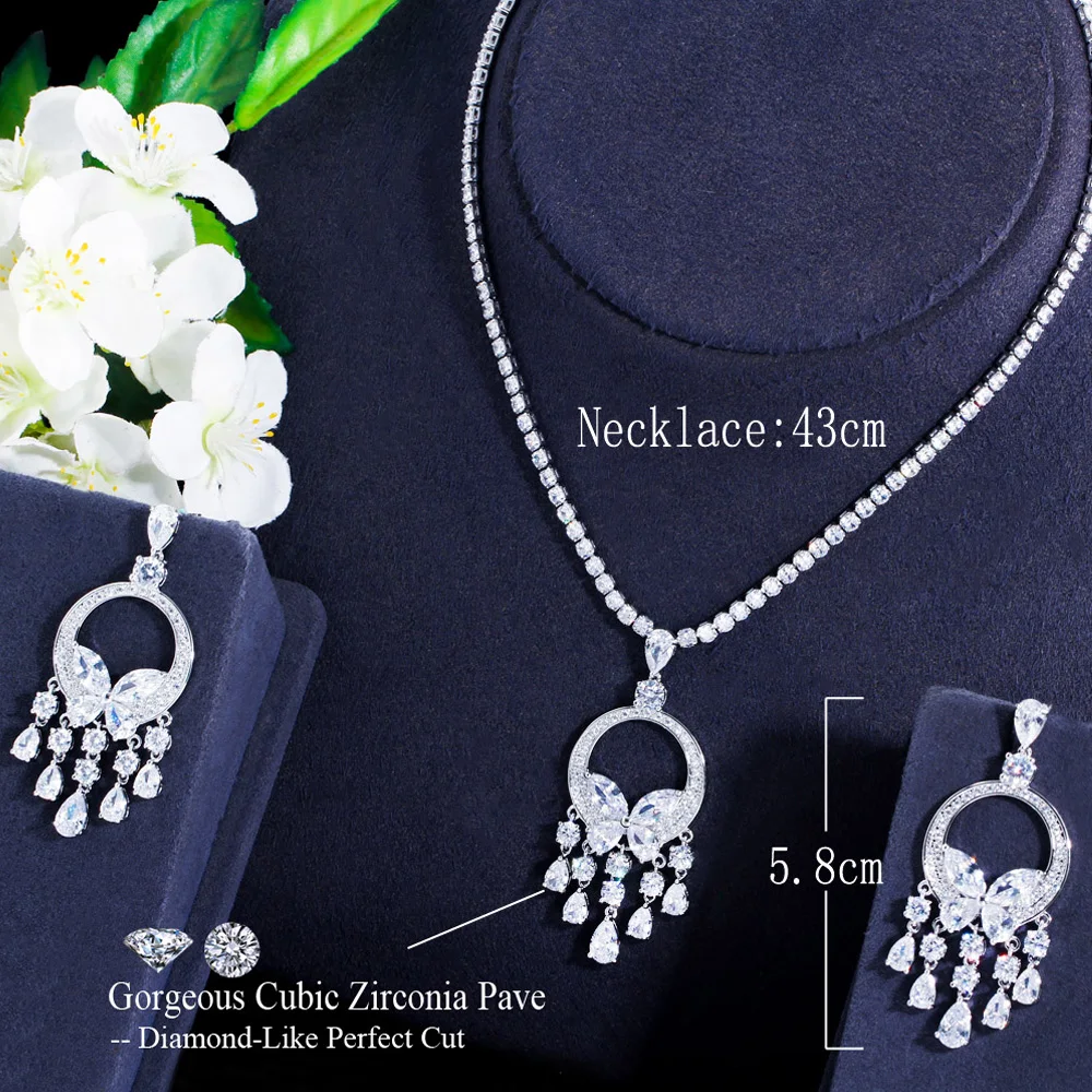 Pera Excellent Quality Green CZ Crystal Long Round Tassel Pendant Necklace and Earrings Sets for Women Prom Party Jewelry J515
