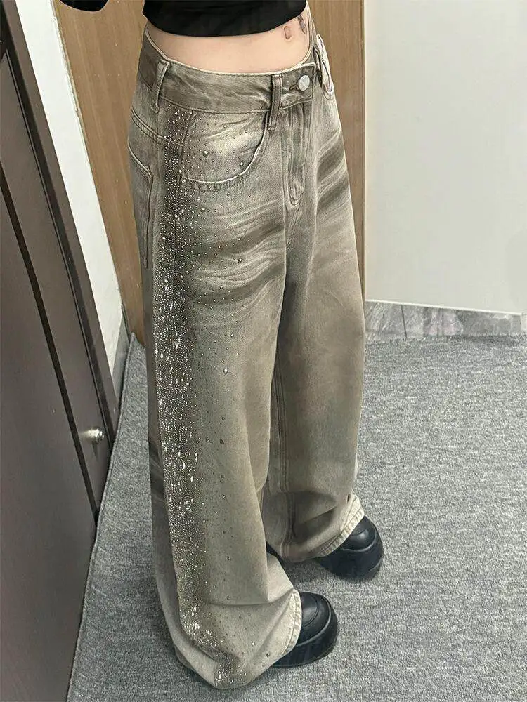 Women Jeans American Retro Side Rhinestone Floor Length Pants Summer New High Waisted Loose Straight Leg Denim Pants