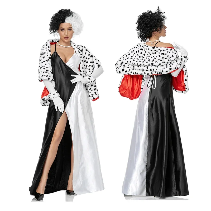 Cruella 101 Dalmatians Dress Skirt Cloak Halloween Costume for Woman Adult Witch Cruella Cosplay Anime Wigs Festival Robe Cape