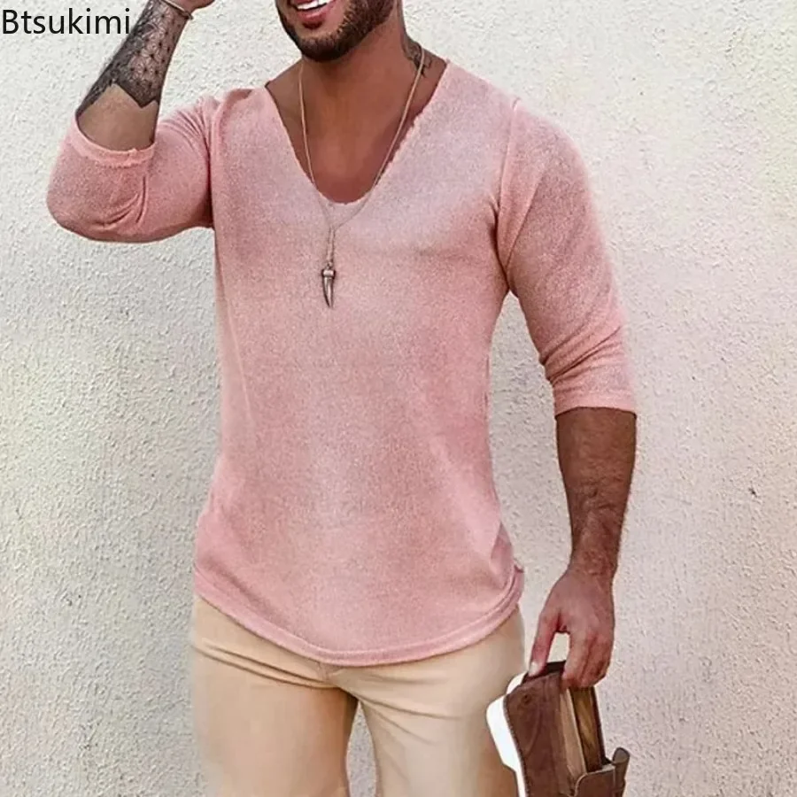 2025 Suéteres de punto de manga larga informales para hombre, ropa de estilo fino para primavera y otoño, jersey de punto con cuello en V sólido,