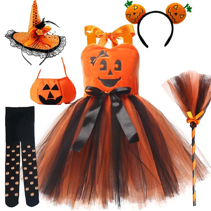 

Костюм ведьмы для косплея на Хэллоуин для девочек, детское карнавальное платье с оранжевой тыквой, искусственное платье для младенцев, набор одежды, шляпа