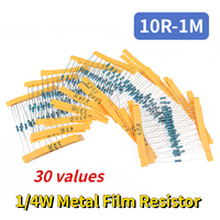 300PCS 1/4W Resistors 0.25W 1% 30 values Metal Film Resistor Kit 10R-1M DIY colored ring Resistance Pack