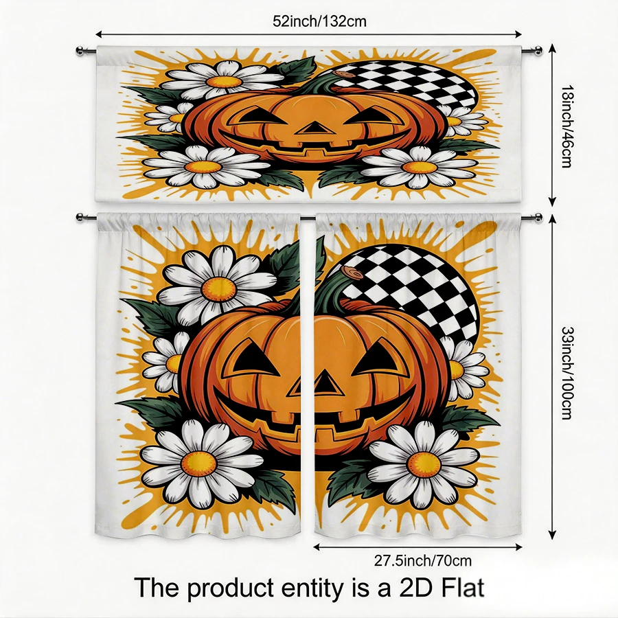 Halloween Fall Kitchen Curtains, Pumpkin Daisy Checker, Digital Print, Kitchen Dining Room, Rod Pocket Polyester, Home Decor