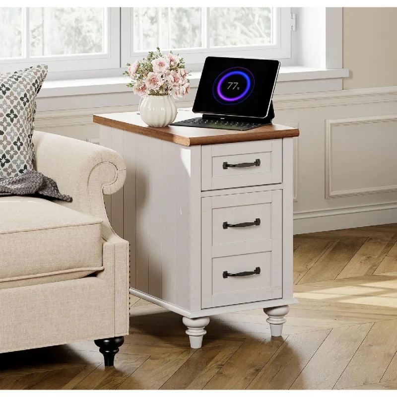 White End Table with Charging Station, Wood Side Table with 1 Drawer &1 Storage Cabinet, Mid Century Modern Nightstand with Powe