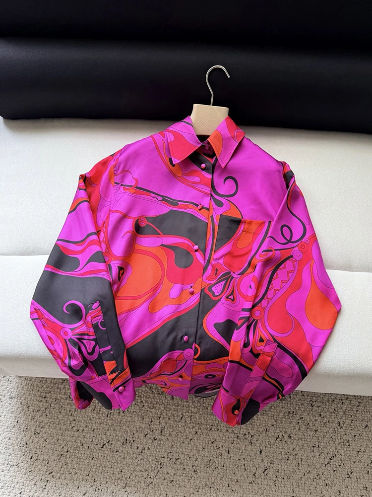 

Spring Summer Fashion Vintage Geometric Print Silk Casual Blouses Women's Turn-down Collar Pocket Single Breasted Loose Shirt
