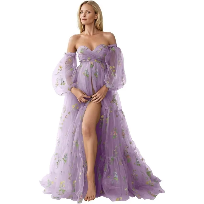 Mother and Daughter Dress - High Slit Gown Embroidery - Puffy Sleeve Baby Shower Maternity Dresses Photoshoot Vestido Maternidad