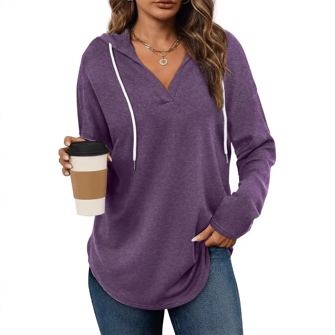 

2026 Women's New Fashion Trend High Quality Versatile Solid Color Comfortable Loose Pullover V-neck Hooded Sweatshirt for Women
