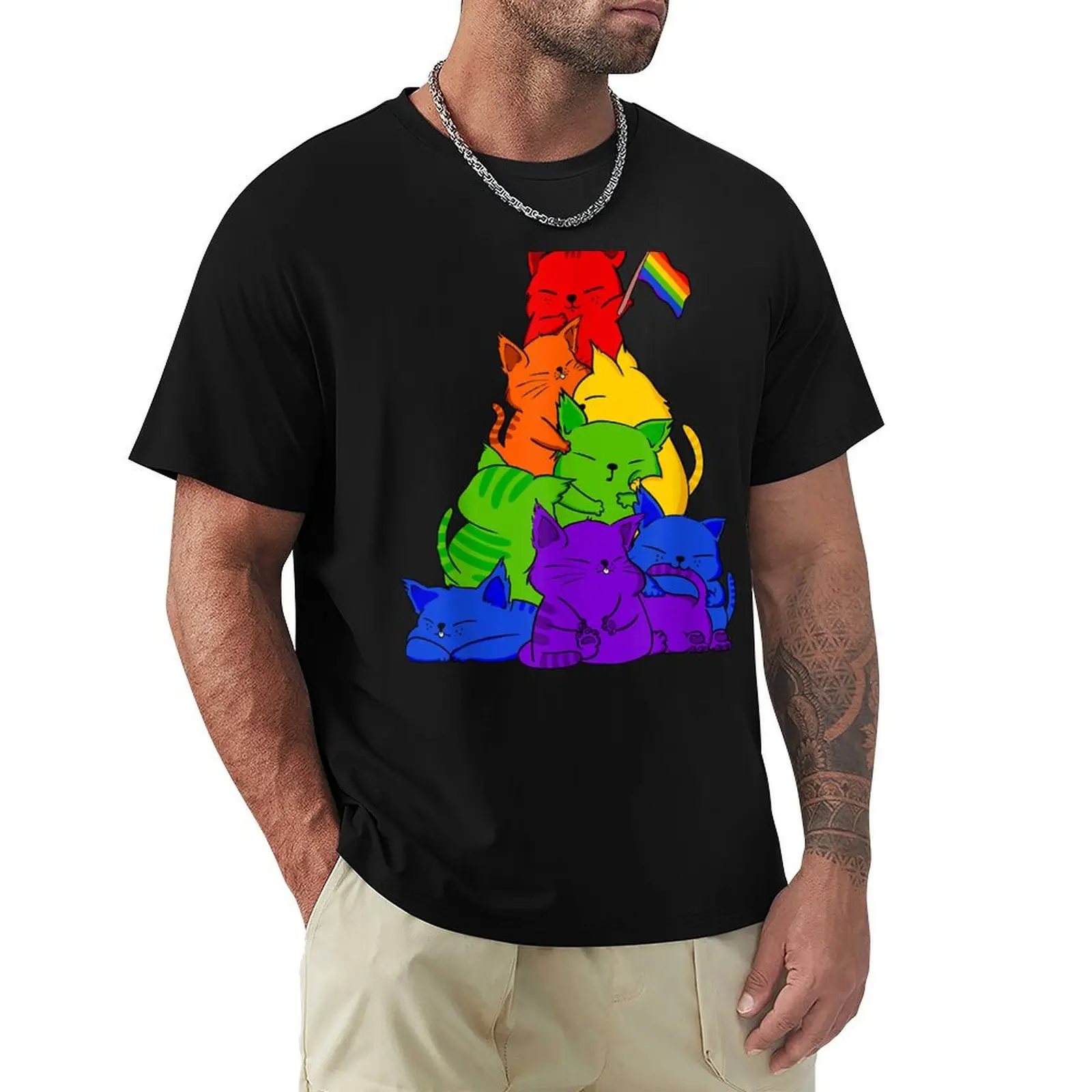 

Gay Pride Cat LGBT Cute Cats Pile Kawaii Anime Rainbow Flag T-Shirt Louboutins mens designer t shirt