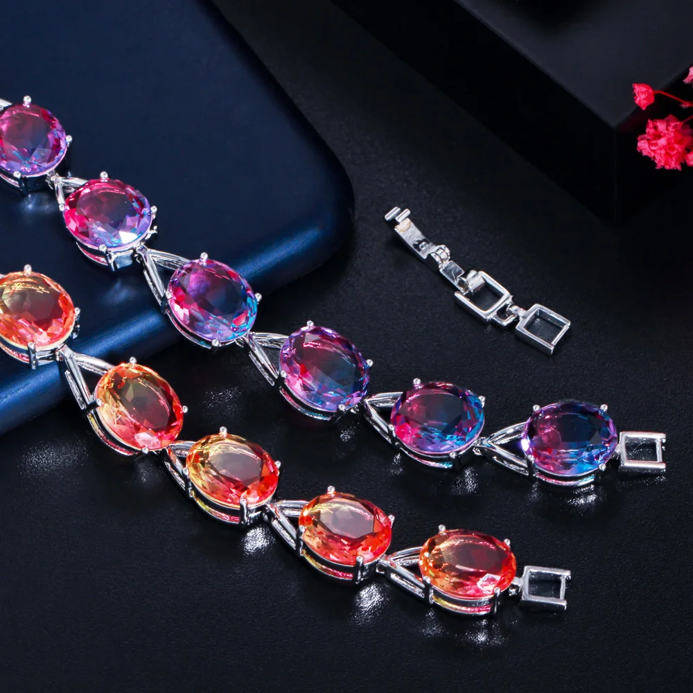 

ThreeGraces Luxury Mystic Colorful Oval Cut Zirconia Big Link Chain Bracelet for Women Fashion Bridal Party Jewelry BR165