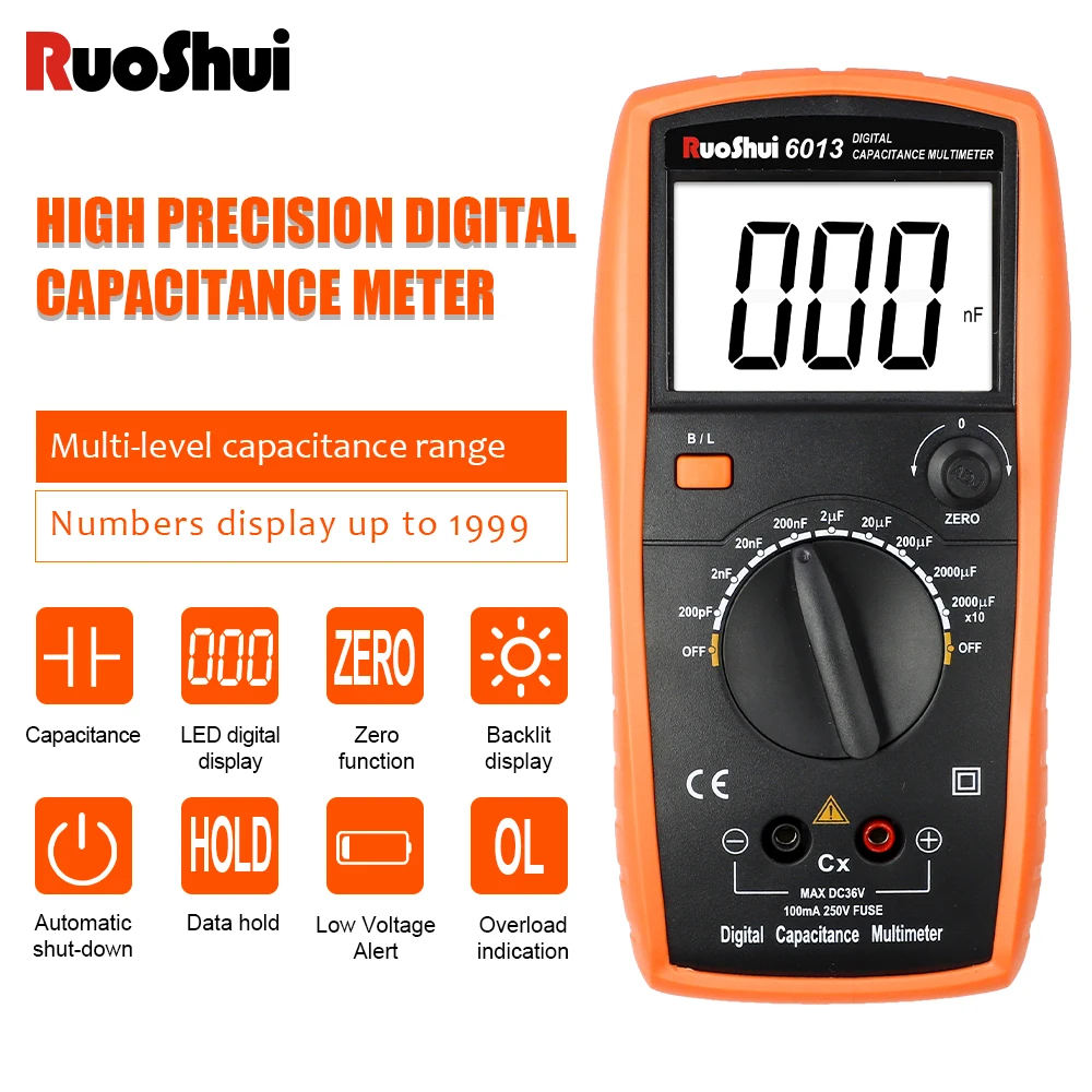 

RuoShui6013 Digital Capacitance Meter High Precision Handheld Capacitor Tester Auto Tool 200pF-20000uF Inductance LCR Multimeter