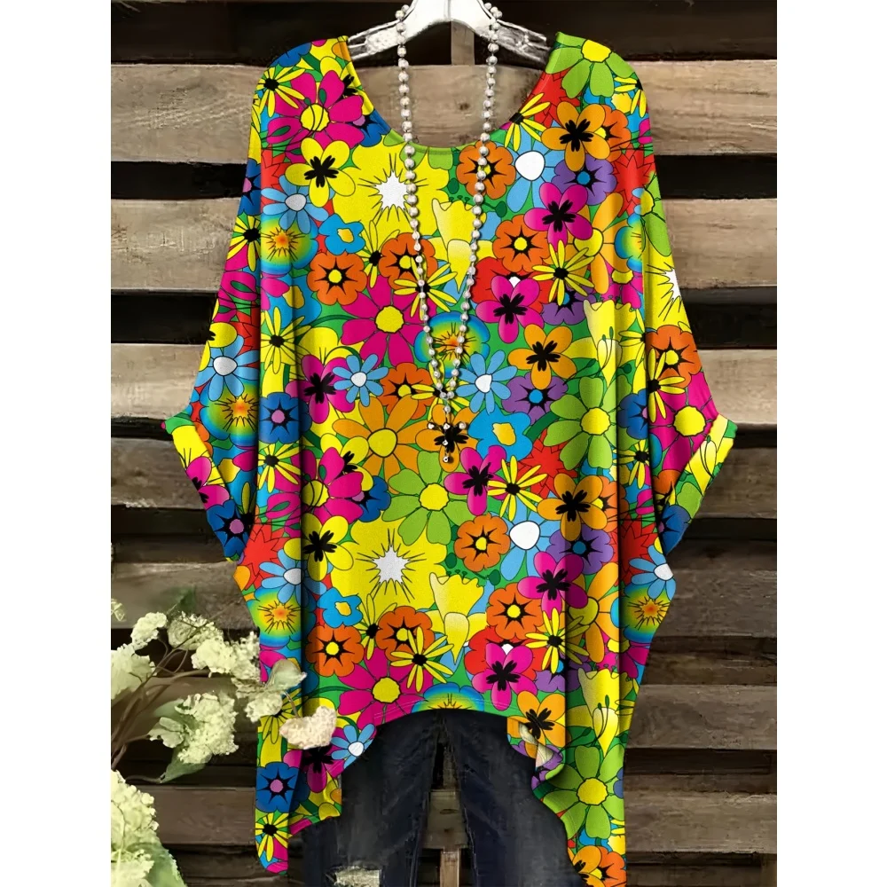 2025 elegante boêmio camiseta feminina simples vintage floral impressão bainha irregular em torno do pescoço camiseta moda versátil topo feminino