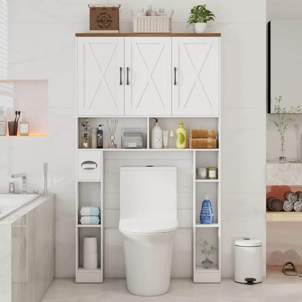 

over the toilet storage cabinet, farmhouse toilet cabinet rack with 3 barn doors, space saving bathroom organizer with shelves,