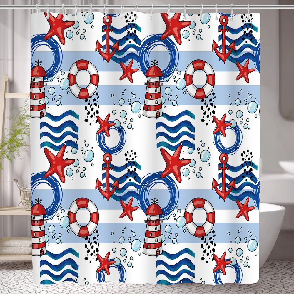 Nordic Ocean Navigation style Shower Curtain，Printing Polyester Bathtub Bathroom Curtain，Home Decoration Curtain With Hooks