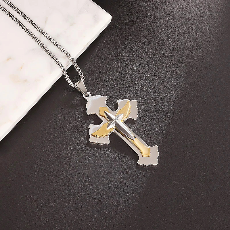 New Fashion Trend Stainless Steel Angel Wings Heart of Hope Cross Pendant Necklace Amulet Jewelry Gift for Men and Women