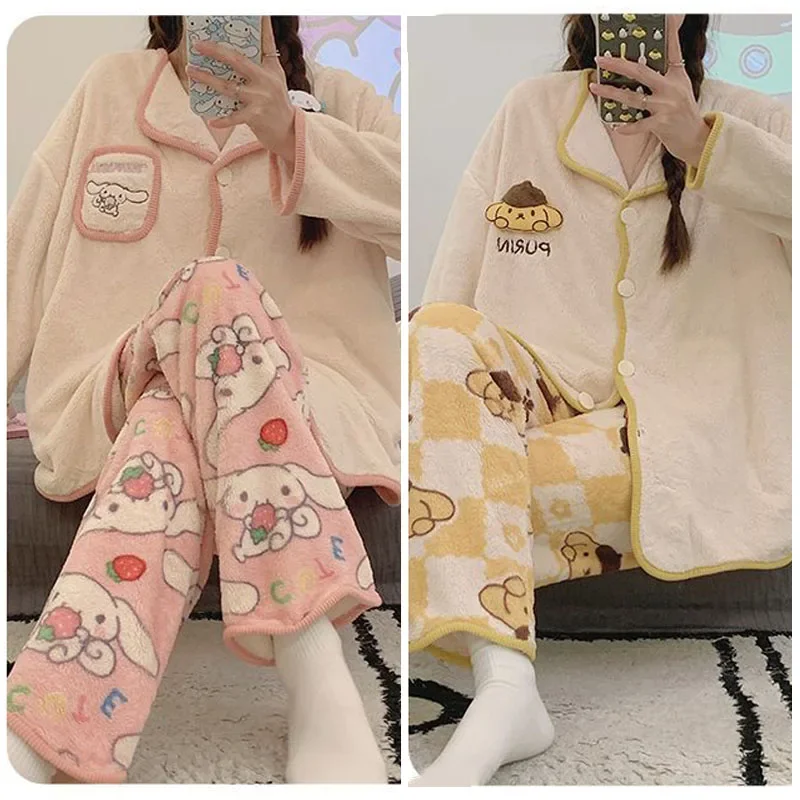 

Anime Sanrios My Melody Woman Pajamas Flannel Kawaii Cinnamoroll Kuromi Fall Winter Cute Cartoon Home Clothes Set Woman Clothes
