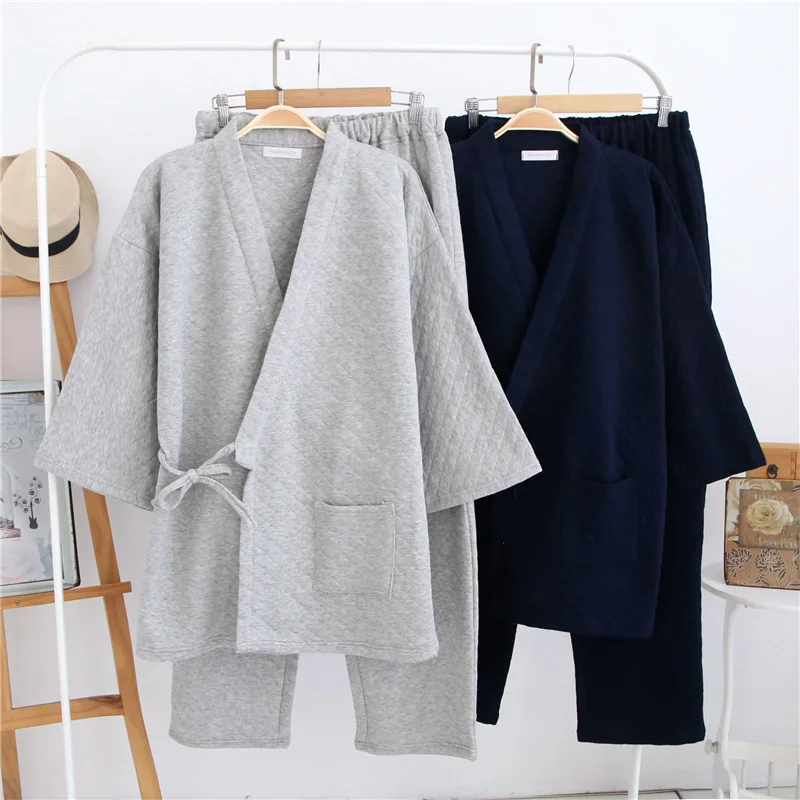 Japanese Kimono Style Men's Thick Warm Air Layer Cotton Pajama Set, Long Sleeve & Relaxed Fit, Cozy Soft Fall Winter Home Lounge