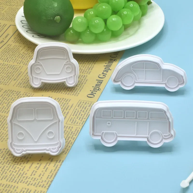 4PCS Car Cookie Cutter Vehicle Plunger Cutters Fondant Cake Decorations Cookie Embossing Birthday Party Baby Shower Biscuit Mold