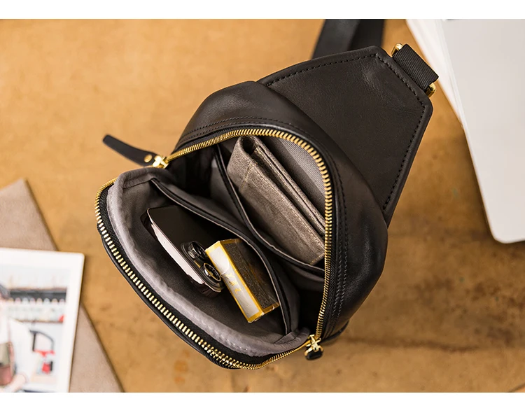 casual sports luxury first layer cowhide men's black chest bag outdoor daily travel genuine leather motorcycle crossbody bag