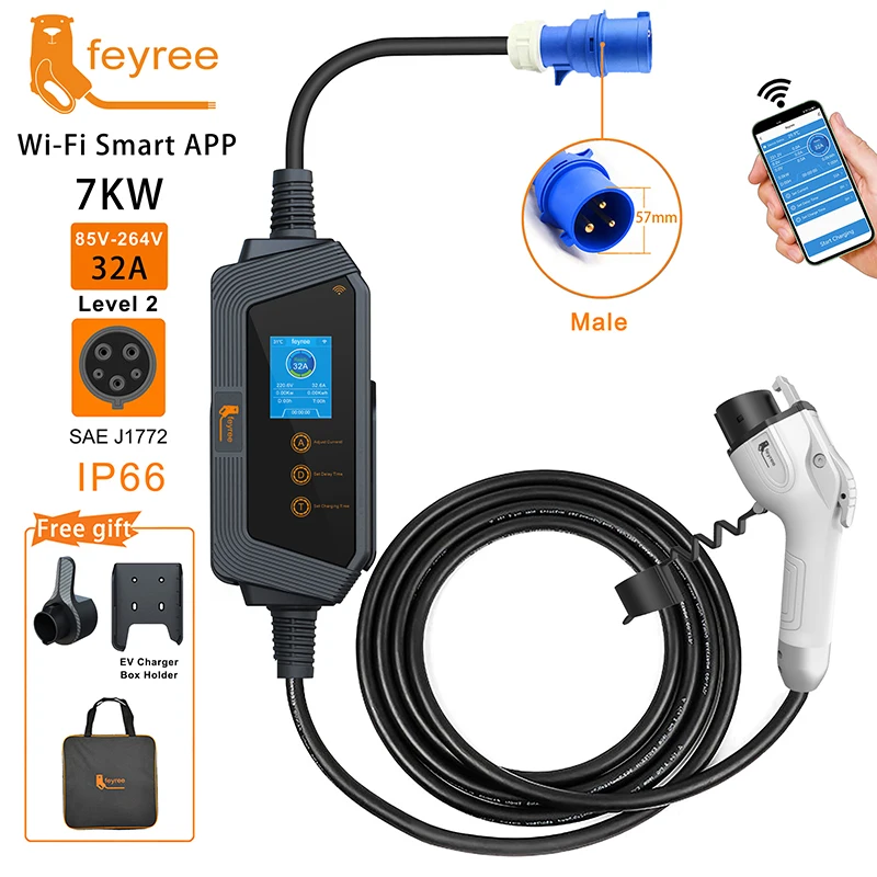 Feyree Type1 شاحن EV محمول 7KW 32A 1 المرحلة J1772 المقبس مع كابل 5 متر التطبيق الذكي WIFI نسخة التحكم للمركبة الكهربائية