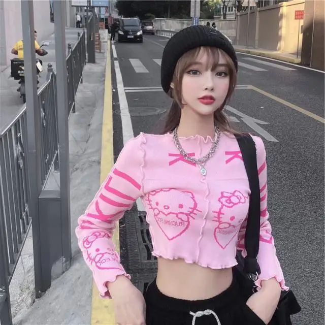 

Japanese cherry blossom color Hello Kitty cute knitted sweater T-shirt fashionable short jacket women's warm knitted tops women'