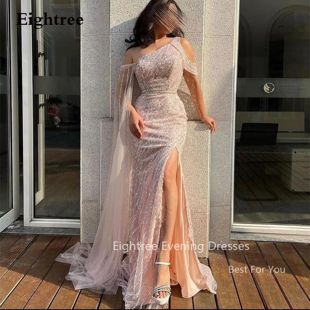 Eightree Sexy Pink Mermaid Evening Dress Shiny Sequined High Slit Party Dress One Shoulder Long Cape Formal Dress Customized