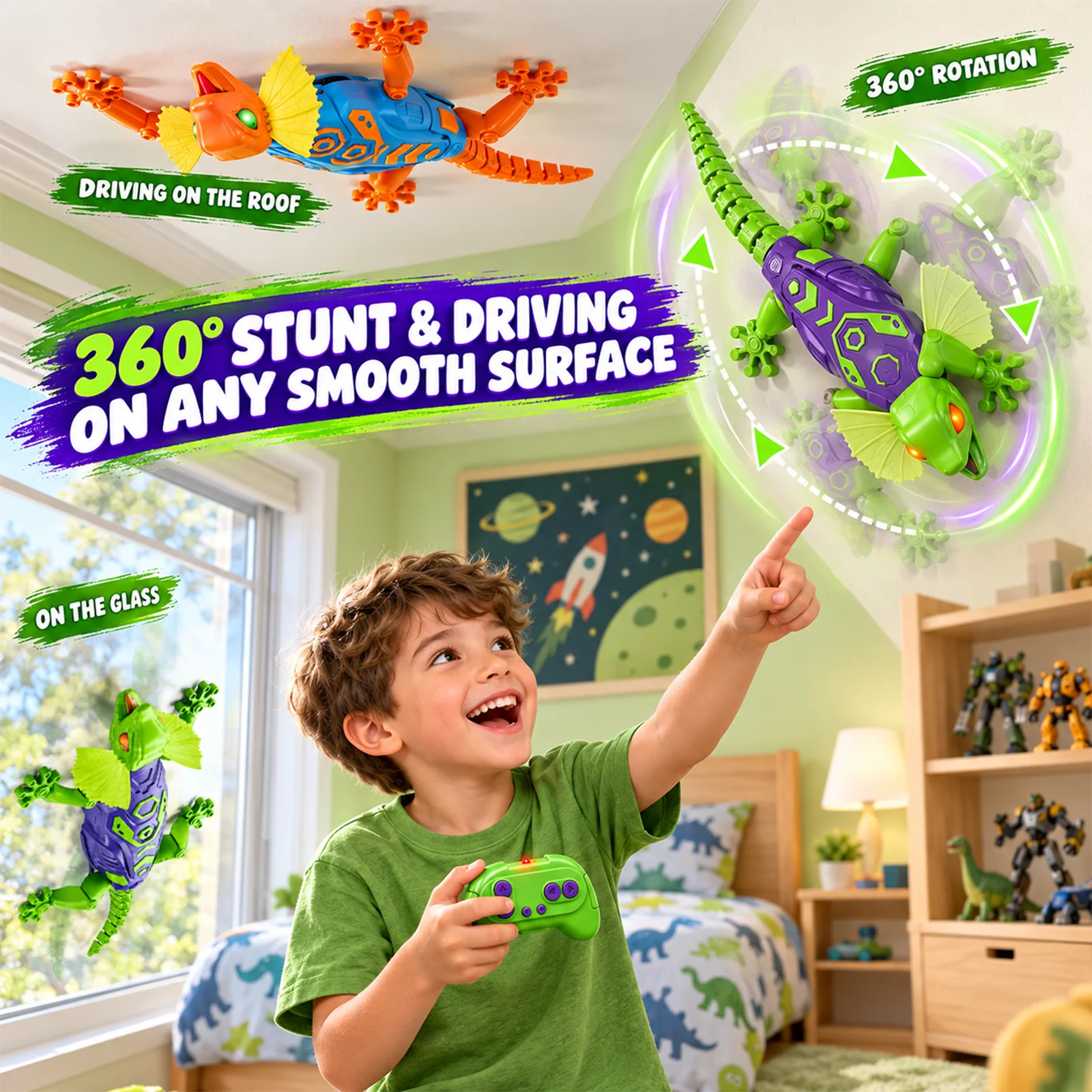 RC Wall Climbing Gecko Toy, 2.4GHz Remote Control Lizard with LED Glowing Eyes, Dual Player Mode, Electric Robot Toy for Kids
