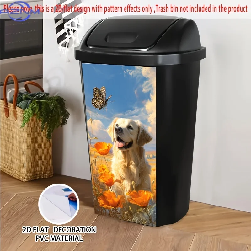 1pc 2D/FLAT, Self - Adhesive Dustbin Stickers, .01xcm, with Golden Retriever in Flower Field with Butterfly Pattern, Creative