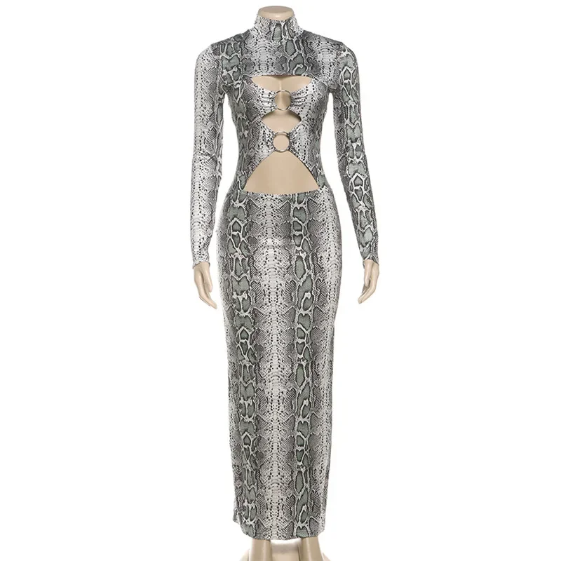 Serpentine Print Metal Rings Hollow Out Bodycon Maxi Party Dress Women Sexy Turtleneck Full Sleeve Peach Hips Clubwear Long Robe