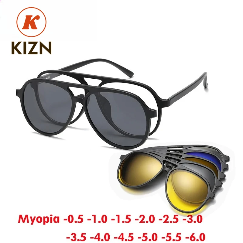 

KIZN 6 In1 Pilot Polarized Myopia Sunglasses Magnetic Clip Men Women Glasses Optical Prescription Classic Eyewear -0.5 to -6.0