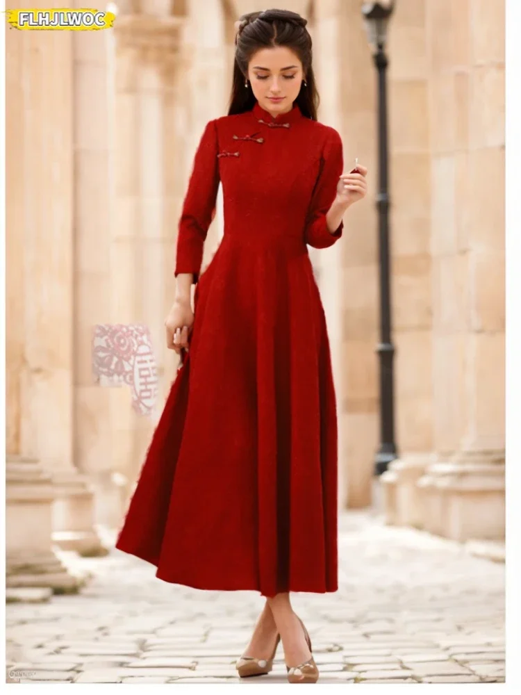 New Year Christmas Chic Elegant Annual Meeting Red Dress Women Chi-Pao  Collar French Design Bling Bride Party Dresses Vestidos - AliExpress  200000345