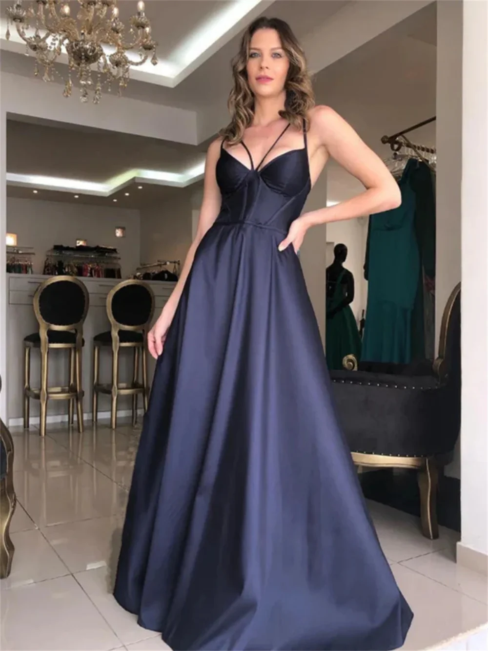 

Jessica Navy Blue Prom Dresses A-line Satin Evening Dresses Special Occasion Wedding Formal Party Dresses Robes De Soirée2024