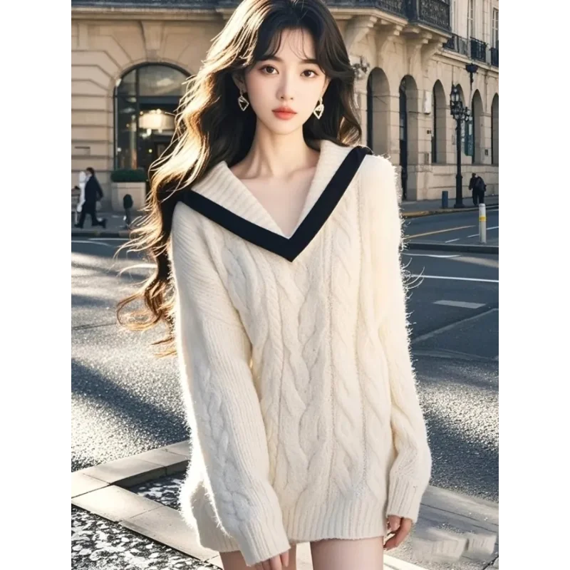 Korean Loose Navy Lapel White Pullover Sweater for Women Fall Winter Soft Waxy Lazy Style Versatile Sweater